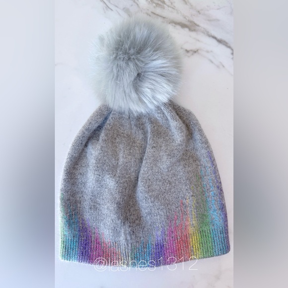 ADRIENNE LANDAU Beanie Gray with Metallic Rainbow and Faux Fur Pom main image 4